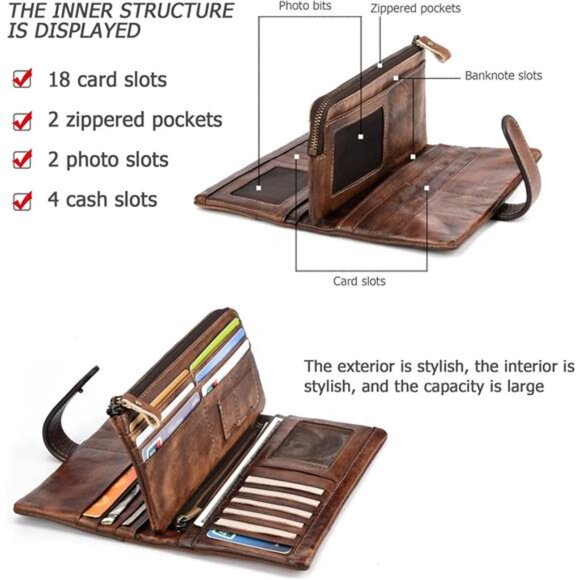 Genuine Leather Long Wallet Coffee - Picture 3 of 6